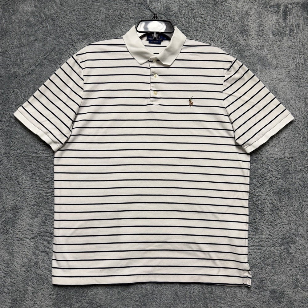 Polo Ralph Lauren Shirt Mens L White Striped Classic Fit‎ Flesh Pony 100% Cotton